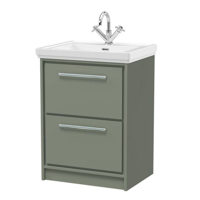 Balterley Bathroom Floor Standing 2-Drawer Vanity, Fireclay Basin, Green, 600mm in Green - image 1