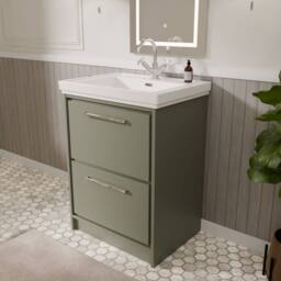 Balterley Bathroom Floor Standing 2-Drawer Vanity, Fireclay Basin, Green, 600mm in Green - thumbnail 4