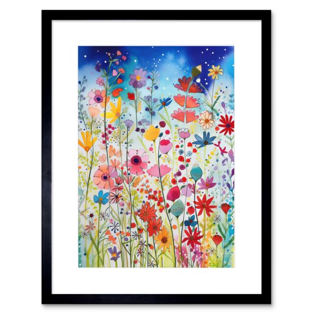 "Artery8 Wall Art Print Summer Wildflower Meadow Folk Artwork Framed 9X7 Inch in Black - Size: W7"" x H9""" - image 1