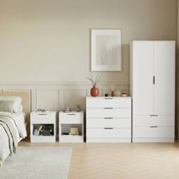 Home Discount Vida Designs Trega 4Pc Bedroom Set (Bedside x2, 4Dr Chest & Wardrobe) in White - thumbnail 1