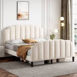 BTM Double Bed with Channel-Tufted Headboard & Velvet Upholstery in Beige - thumbnail 3