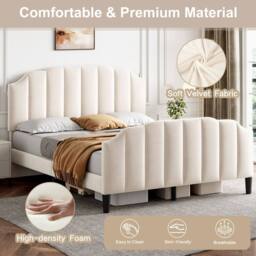 BTM Double Bed with Channel-Tufted Headboard & Velvet Upholstery in Beige - thumbnail 4