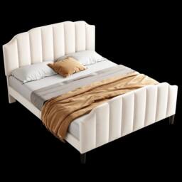 BTM Double Bed with Channel-Tufted Headboard & Velvet Upholstery in Beige - thumbnail 7