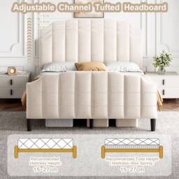 BTM Double Bed with Channel-Tufted Headboard & Velvet Upholstery in Beige - thumbnail 5