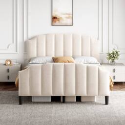 BTM Double Bed with Channel-Tufted Headboard & Velvet Upholstery in Beige - thumbnail 2