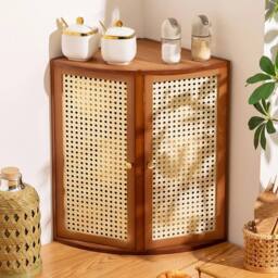 KORVIXA Plastic rattan reticulated door Bamboo Corner Cabinet Kitchen in Brown - thumbnail 3
