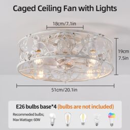 Garwarm 51cm Farmhouse Reversible Caged Ceiling Fan with Light Kit & Remote in White - thumbnail 2