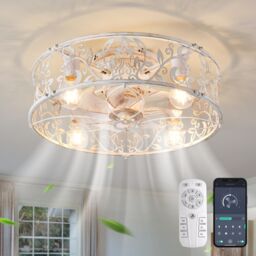 Garwarm 51cm Farmhouse Reversible Caged Ceiling Fan with Light Kit & Remote in White - thumbnail 1