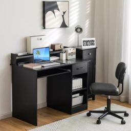 Costway Wooden Computer Desk W/ Keyboard Tray Writing Workstation Vanity Dressing Table in Black - thumbnail 3