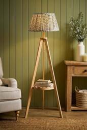 ValueLights Morrigan Ditsy Floral Pleated Shade Scallop Wooden Tripod Floor Lamp in Green