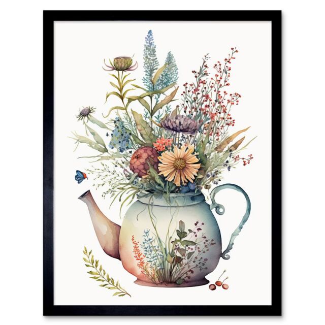 "Artery8 Wall Art Print Wildflower Floral Bouquet in China Pattern Teapot Art Framed in Black - Size: W12"" x H16""" - image 1