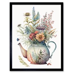 "Artery8 Wall Art Print Wildflower Floral Bouquet in China Pattern Teapot Art Framed in Black - Size: W12"" x H16""" - thumbnail 1