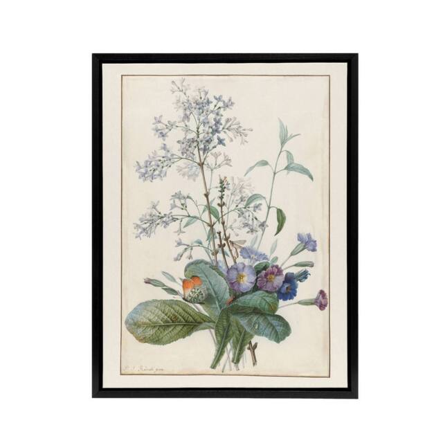 "Artery8 Bouquet of Flowers with Insects Redoute Vintage Framed Canvas Wall Art in White - Size: W12"" x H16""" - image 1