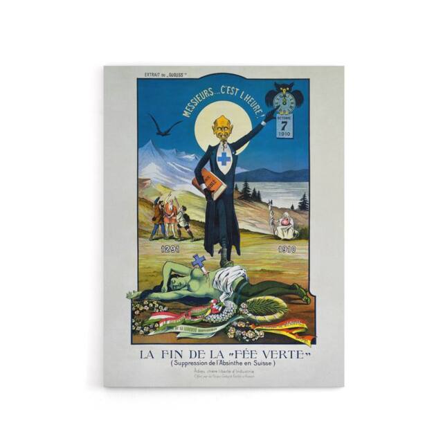 "Artery8 Swiss Vintage Anti Absinthe Advert Canvas Wall Art Print in Blue - Size: W18"" x H24""" - image 1