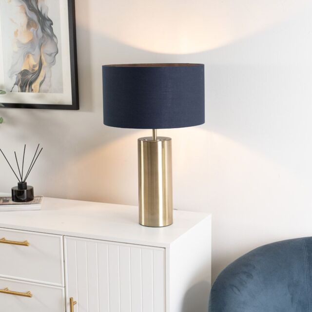 ValueLights Lexy Fabric Drum Shade with Antique Brass Dimmable Touch Table Lamp & LED Bulb in Navy - image 1