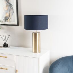ValueLights Lexy Fabric Drum Shade with Antique Brass Dimmable Touch Table Lamp & LED Bulb in Navy - thumbnail 5