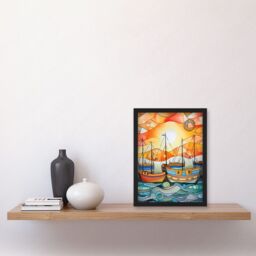 Artery8 Fishing Boats At Sunrise Folk Art Watercolour Painting Artwork Framed Wall Art Print A4 in Black - thumbnail 2