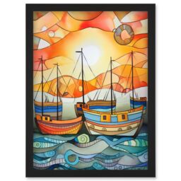 Artery8 Fishing Boats At Sunrise Folk Art Watercolour Painting Artwork Framed Wall Art Print A4 in Black - thumbnail 1