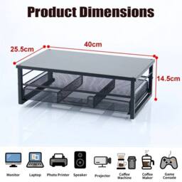 Kelvenix Laptop Monitor Stand with Drawer, Metal Mesh Desktop Storage Riser in Black - thumbnail 2
