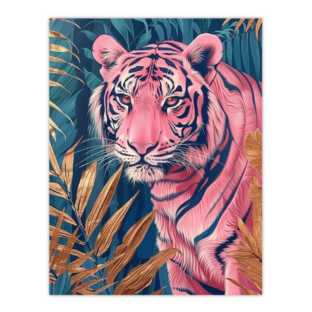"Artery8 Majestic Pink Tiger in Blue Gold Tropical Jungle Wall Art Print - Size: W18"" x H24""" - image 1