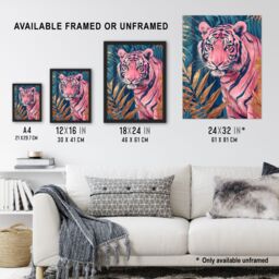 "Artery8 Majestic Pink Tiger in Blue Gold Tropical Jungle Wall Art Print - Size: W18"" x H24""" - thumbnail 3