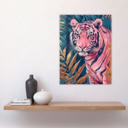 "Artery8 Majestic Pink Tiger in Blue Gold Tropical Jungle Wall Art Print - Size: W18"" x H24""" - thumbnail 4
