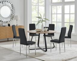 FurnitureboxUK Santorini Brown Wood Effect Dining Table & 6 Milan Chrome Leg Chairs in Black