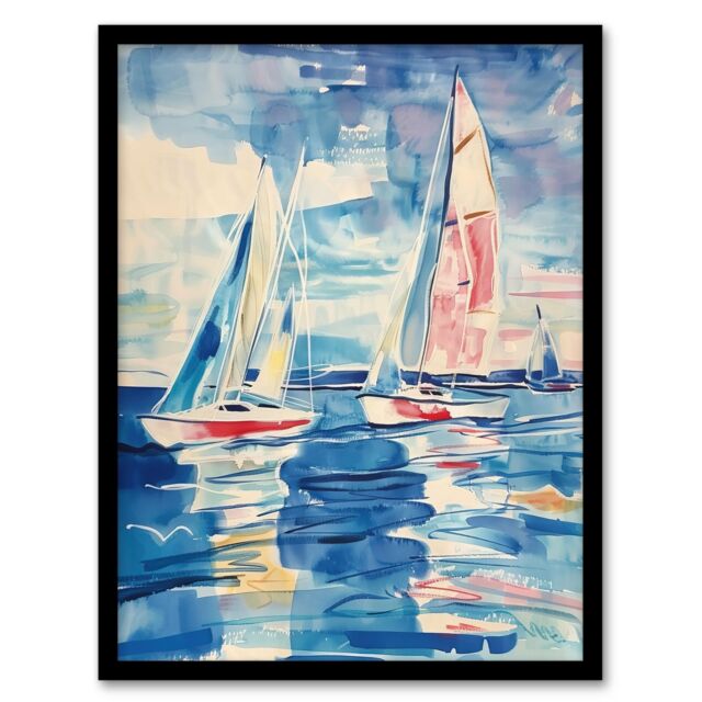 "Artery8 Sailboats at Sea Oil Painting Nautical Seascape Framed Art Print in Blue - Size: W12"" x H16""" - image 1