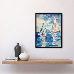 "Artery8 Sailboats at Sea Oil Painting Nautical Seascape Framed Art Print in Blue - Size: W12"" x H16""" - thumbnail 4