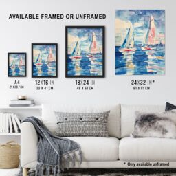 "Artery8 Sailboats at Sea Oil Painting Nautical Seascape Framed Art Print in Blue - Size: W12"" x H16""" - thumbnail 3