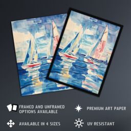 "Artery8 Sailboats at Sea Oil Painting Nautical Seascape Framed Art Print in Blue - Size: W12"" x H16""" - thumbnail 2
