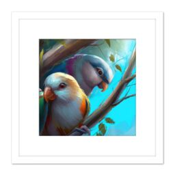 Artery8 Budgie Parakeet Wild Bird in Tree Oil Painting Square Wooden Framed Wall Art Print Picture 8X8 Inch in White - thumbnail 1
