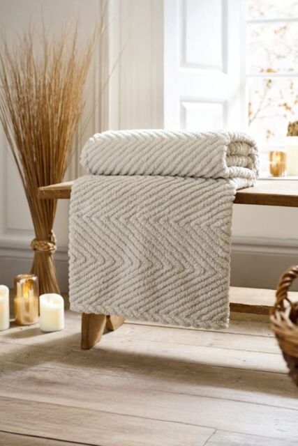 Deyongs Jumbo Hemsworth Chevron Fleece Throw Blanket Super Soft Warm & Cozy 130x170cm in Stone - Size: 130 cm x 170 cm - image 1