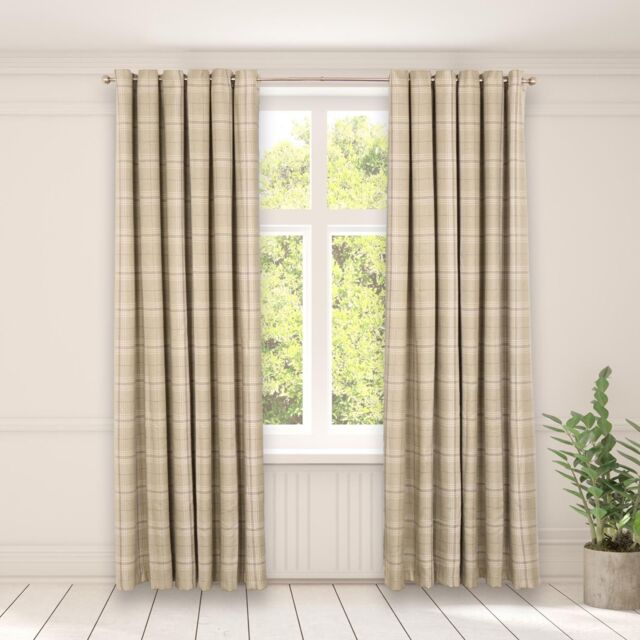 OHS Pair Of Woven Check Eyelet Curtains Textured in Green - Size: 168 cm width x 183 cm drop - image 1