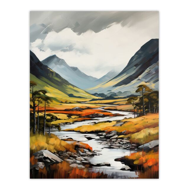 Artery8 Glencoe Valley Oil Painting Scotland Majestic Mountain Range & River Coe Large Wall Unframed Art Poster Print Thick Paper 18X24 Inch - image 1
