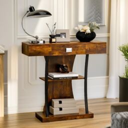 Pirlo Plush Industrial Console Table T-Shaped Rustic Brown - thumbnail 3