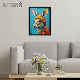 "Artery8 Baby Kangaroo Joey Wearing Hat Kids Bedroom Framed Canvas Wall Art Print in Blue - Size: W12"" x H16""" - thumbnail 3