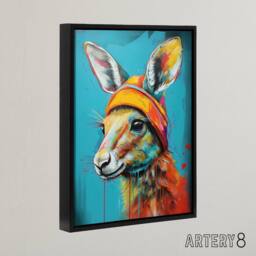 "Artery8 Baby Kangaroo Joey Wearing Hat Kids Bedroom Framed Canvas Wall Art Print in Blue - Size: W12"" x H16""" - thumbnail 2