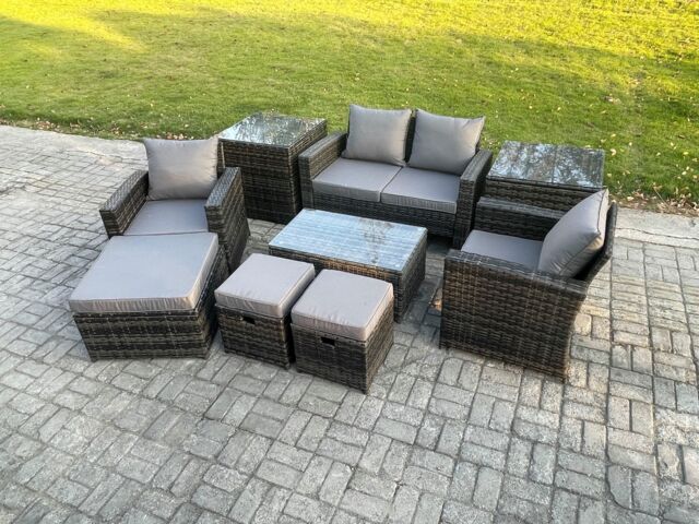 Fimous 7 Seater Dark Grey Outdoor Rattan Garden Furniture Set Patio Lounge Sofa Rectangular Coffee Table with 2 Side Table
