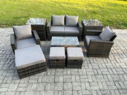 Fimous 7 Seater Dark Grey Outdoor Rattan Garden Furniture Set Patio Lounge Sofa Rectangular Coffee Table with 2 Side Table - thumbnail 2