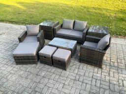 Fimous 7 Seater Dark Grey Outdoor Rattan Garden Furniture Set Patio Lounge Sofa Rectangular Coffee Table with 2 Side Table - thumbnail 1