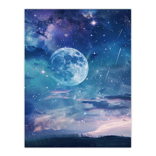 "Artery8 Dreamy Full Moon Star Night Sky Surreal Starscape Wall Art Print in Blue - Size: W24"" x H32""" - image 1