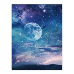 "Artery8 Dreamy Full Moon Star Night Sky Surreal Starscape Wall Art Print in Blue - Size: W24"" x H32""" - thumbnail 1