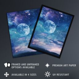 "Artery8 Dreamy Full Moon Star Night Sky Surreal Starscape Wall Art Print in Blue - Size: W24"" x H32""" - thumbnail 2