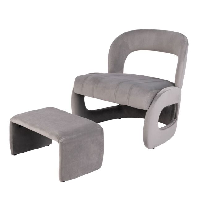 Gymax Accent Chair with Ottoman Velvet Chair With Curved Back & Padded Seat in Grey - image 1