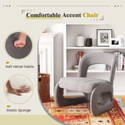 Gymax Accent Chair with Ottoman Velvet Chair With Curved Back & Padded Seat in Grey - thumbnail 6