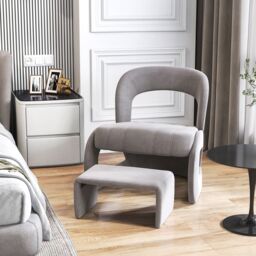 Gymax Accent Chair with Ottoman Velvet Chair With Curved Back & Padded Seat in Grey - thumbnail 3