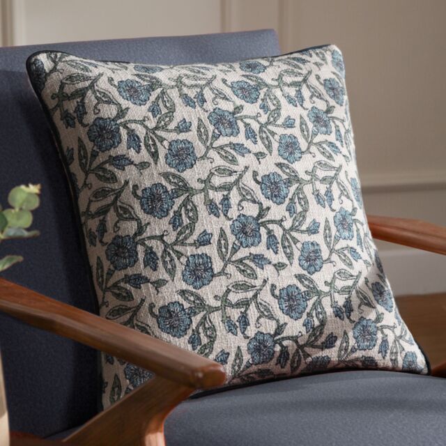Paoletti Delphine Floral 100% Cotton Cushion in Mid Blue - Size: 50 cm x 50 cm - image 1