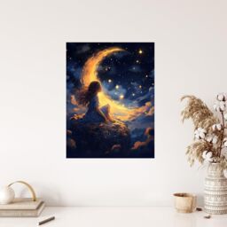 "Wee Blue Coo Wall Art Print Crescent Moon Dreams Whimsy Little Girls Living Room in Dark Blue - Size: W24"" x H32""" - thumbnail 4
