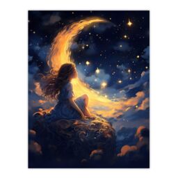 "Wee Blue Coo Wall Art Print Crescent Moon Dreams Whimsy Little Girls Living Room in Dark Blue - Size: W24"" x H32""" - thumbnail 1